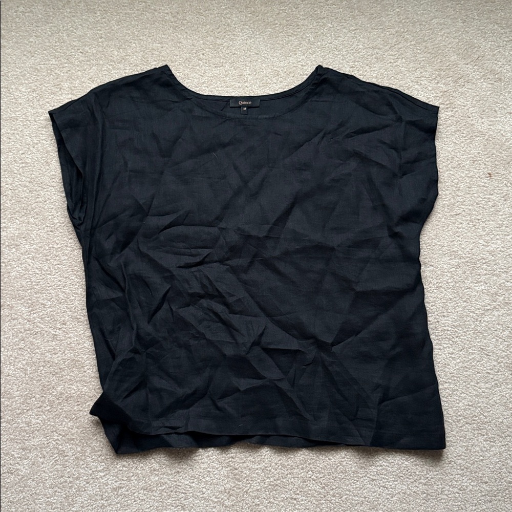 Quince Black Linen Cap Sleeve Top Size Medium